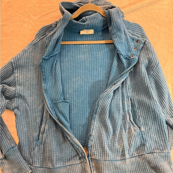 Acid Wash Cotton Waffle Hooded Zip-Up Jacket - Picture 9 of 10